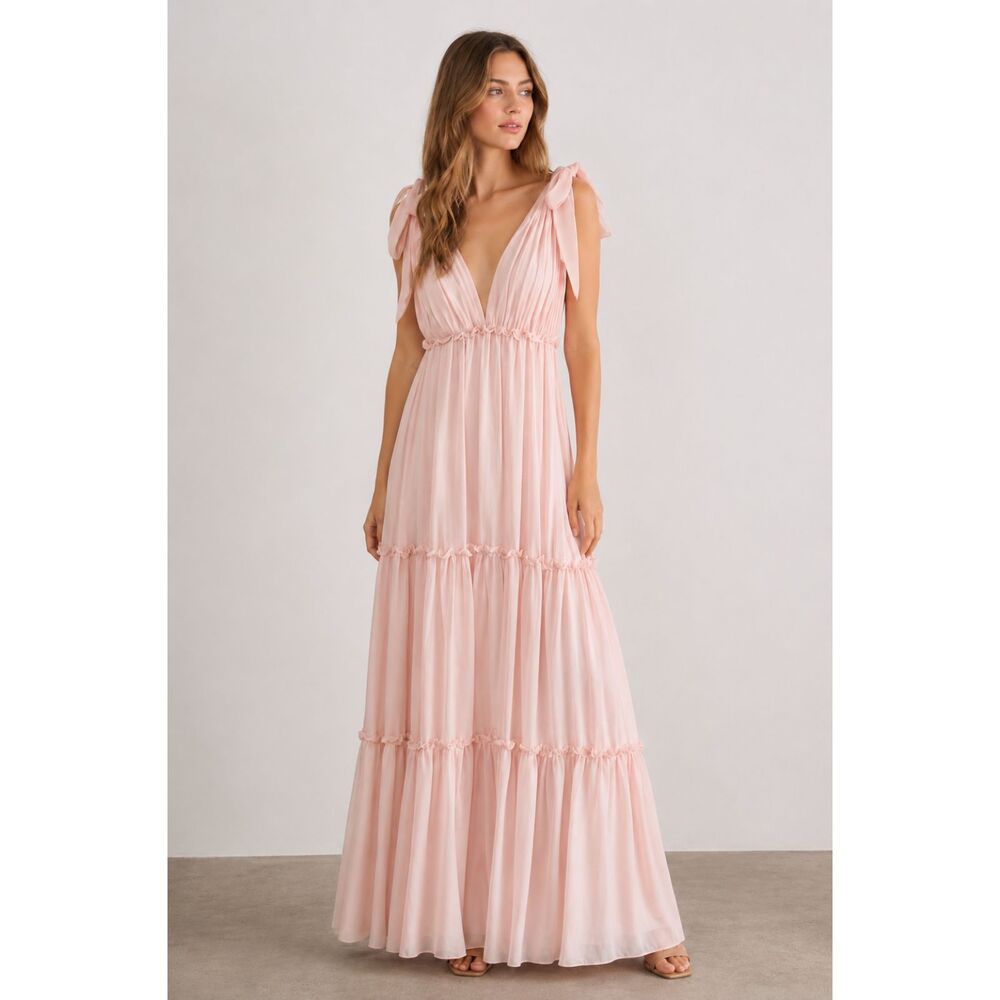 Ieena Mac Duggal Evening Gown Blush Pink V-Neck Plunging Maxi Dress Size 4 NWT